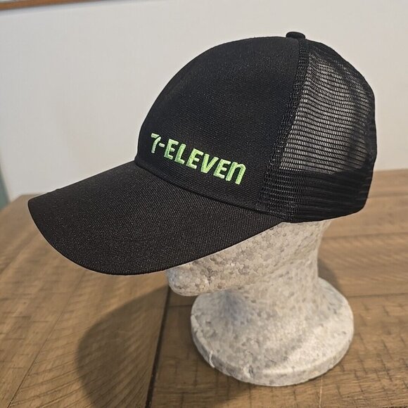 7-Eleven Trucker Hat Cap Strap Back Black Employee Crew Work Mesh Adjustable - Picture 1 of 5